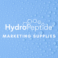 A white hydropeptide logo on a light blue background covered in water droplets